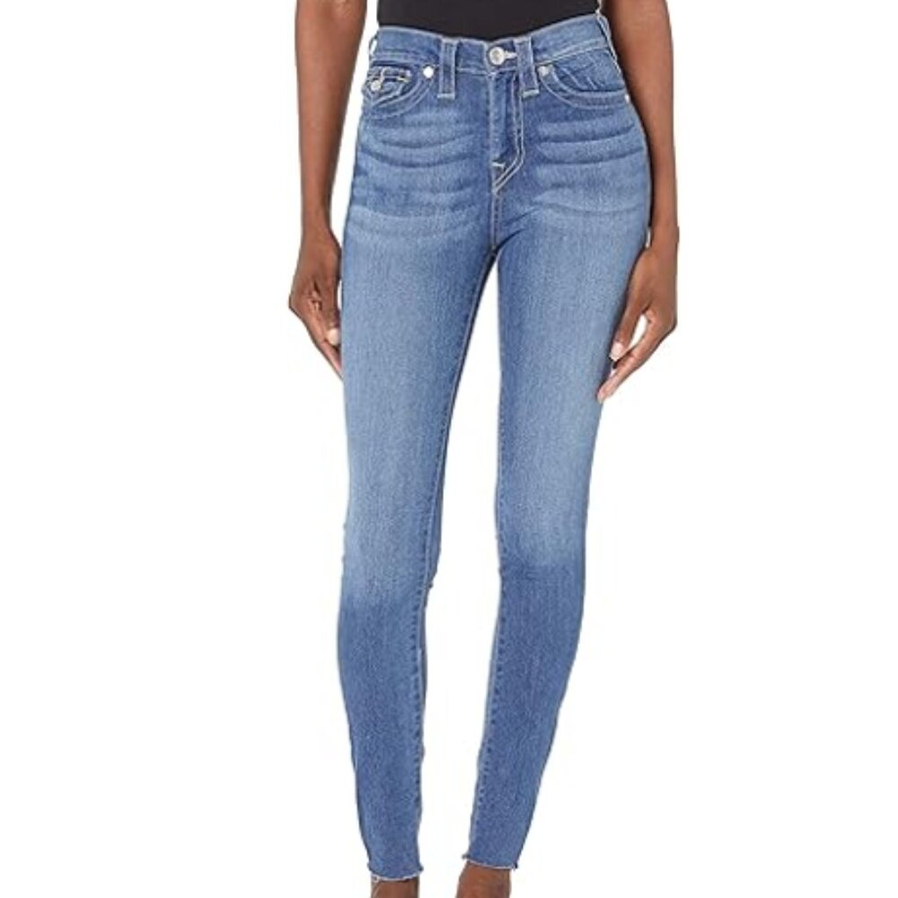 True Religion High Rise Stretch Skinny Jean with Flap Pockets and Raw Hem
